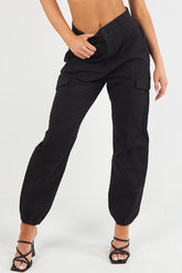 Women's Cuffed Hem Twill Combat Stretch French Seam Pocketed  Cotton Cargo Low Waist Trousers-1